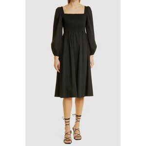 🆕 TOCCIN Smocked Cotton Long Sleeve Midi Dress Black Small